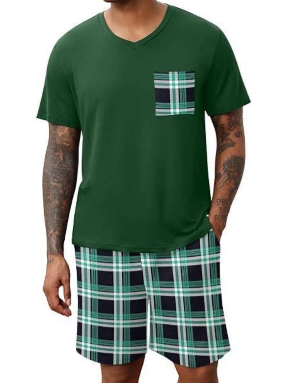 Mens V Neck Pajama Set Short Sleeve Sleepwear with Drawstring Shorts and Pockets